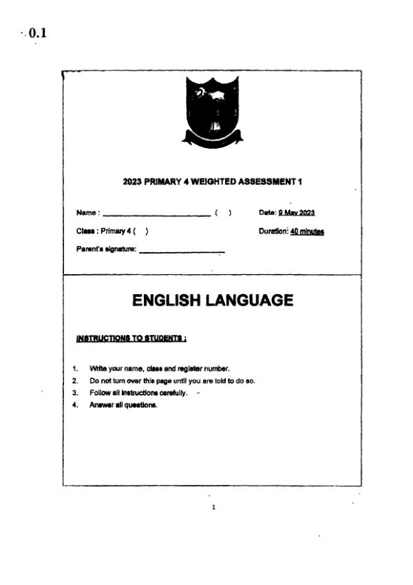 Tao Nan P4 Eng WA1 2023 exam paper PDF preview