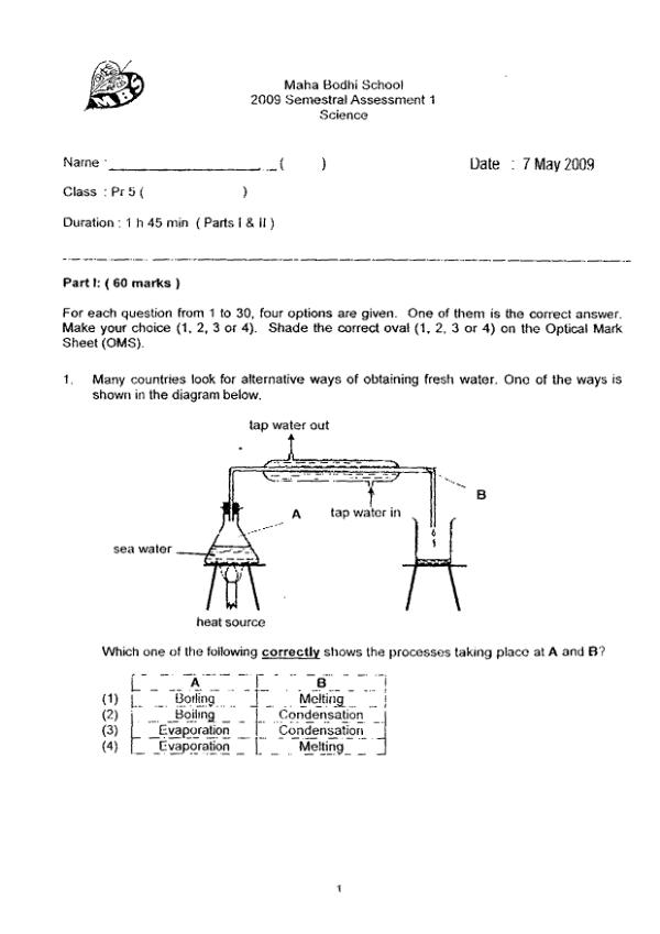 Maha Bodhi P5 Sci WA2 2009 exam paper PDF preview