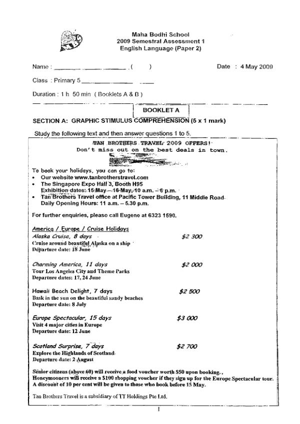 Maha Bodhi P5 Eng WA2 2009 exam paper PDF preview