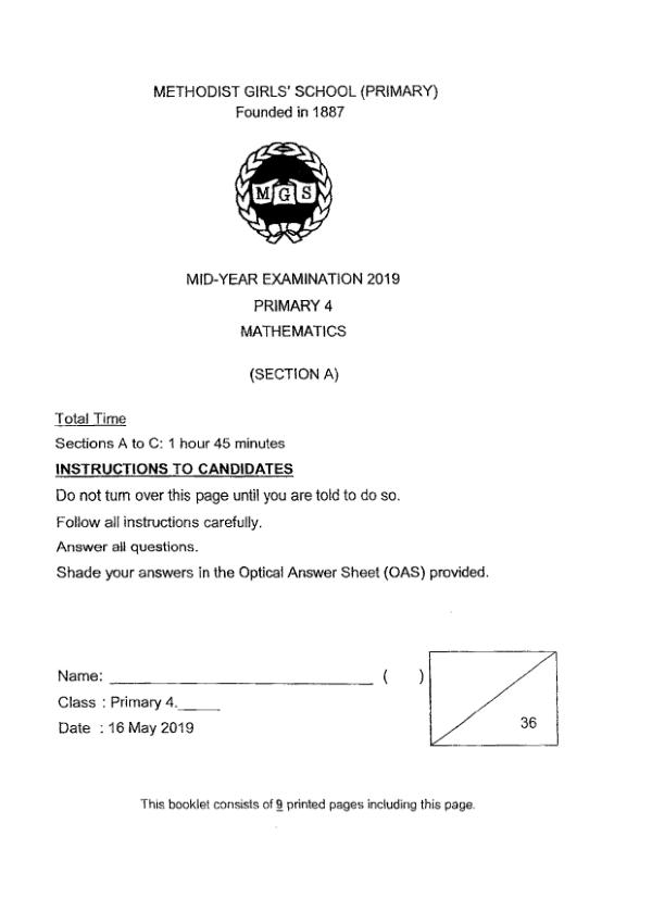 First page preview of P4 Math 2019 WA2 — Methodist Girls