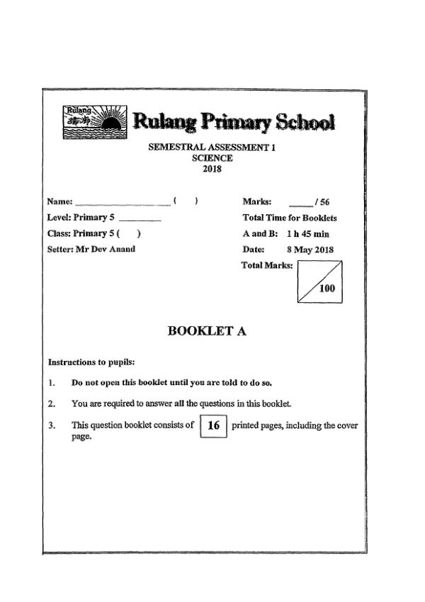 Rulang P5 Sci WA2 2018 exam paper PDF first page preview