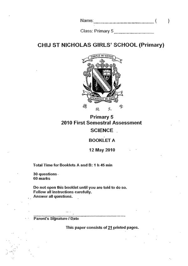 CHIJ P5 Sci WA2 2010 exam paper PDF preview