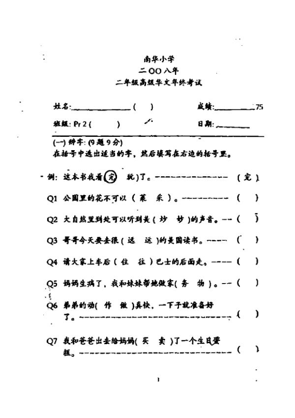 Nan Hua P2 Chi SA2 2008 exam paper PDF preview