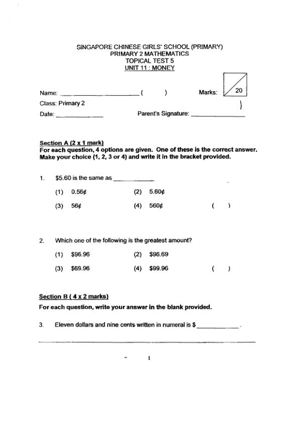 First page preview of P2 Math 2016 WA2 — Singapore Chinese Girls