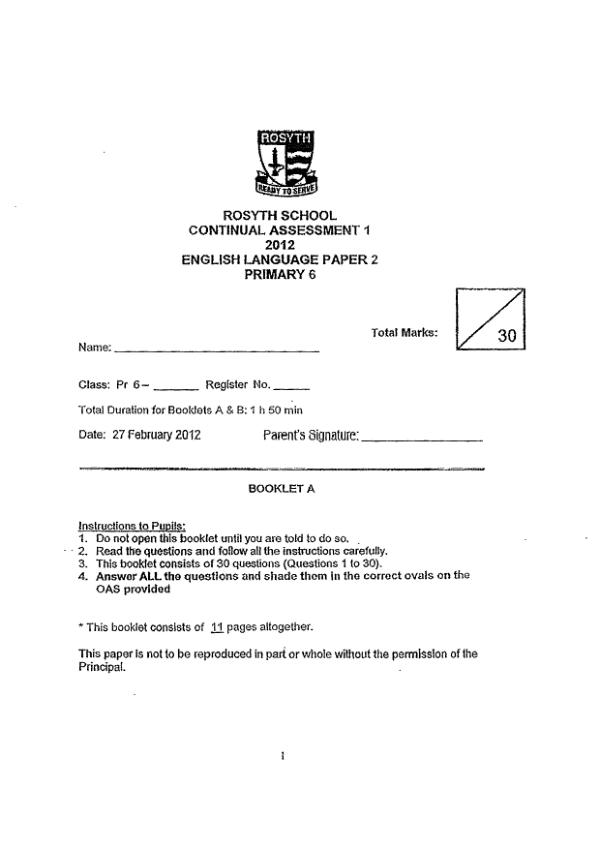 Rosyth P6 Eng WA1 2012 exam paper PDF preview