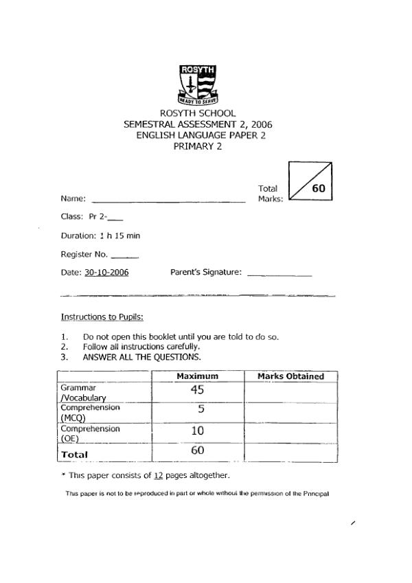Rosyth P2 Eng SA2 2006 exam paper PDF preview
