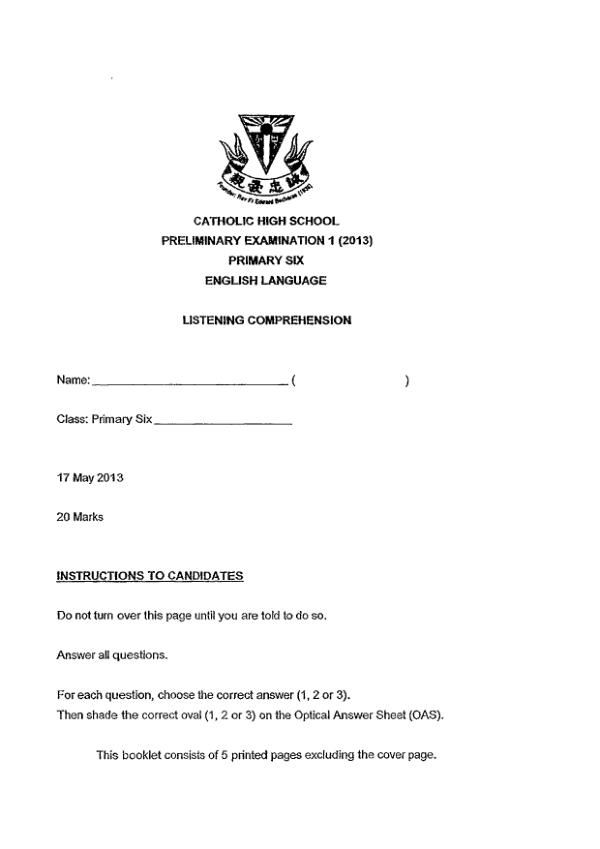 Catholic High P6 Eng SA2 2013 exam paper PDF preview