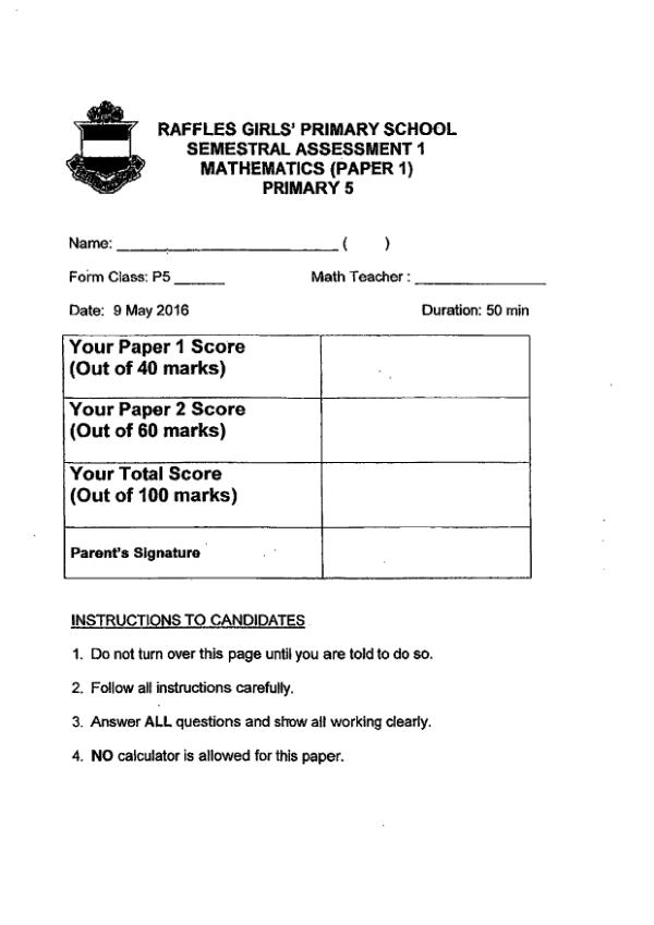 First page preview of P5 Math 2016 WA2 — Raffles Girls