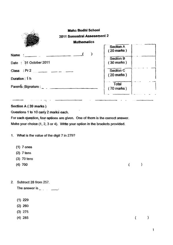 Maha Bodhi P2 Math SA2 2011 exam paper PDF preview