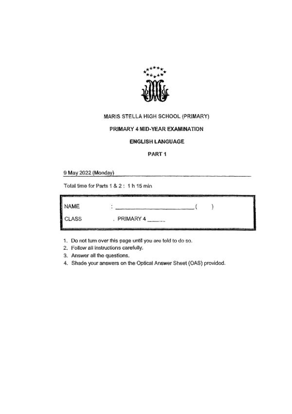 Maris Stella High P4 Eng WA2 2022 exam paper PDF preview