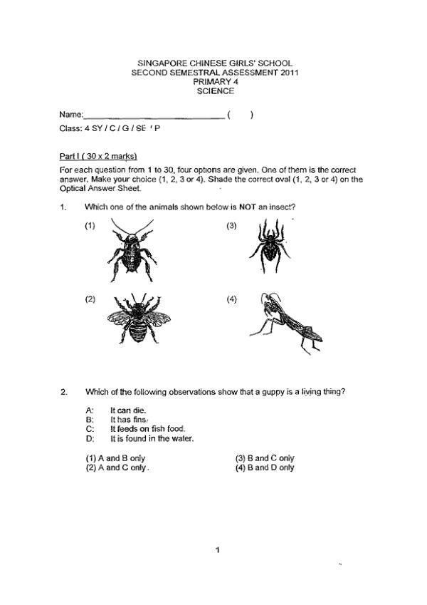 Singapore Chinese Girls P4 Sci SA2 2011 exam paper PDF first page preview
