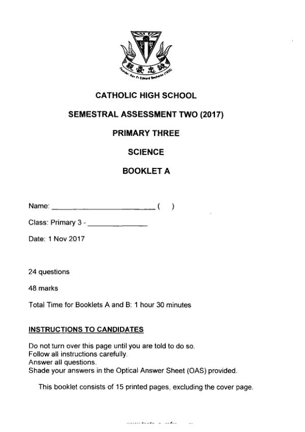 Catholic High P3 Sci SA2 2017 exam paper PDF first page preview