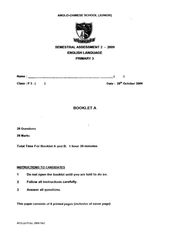 Anglo Chinese P3 Eng SA2 2009 exam paper PDF first page preview
