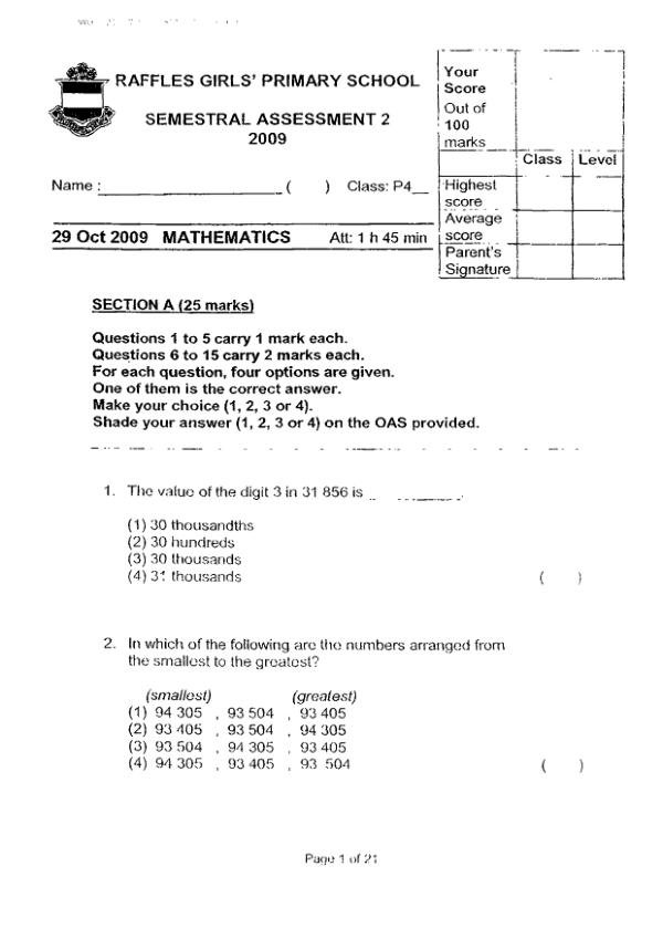 Raffles Girls P4 Math SA2 2009 exam paper PDF preview