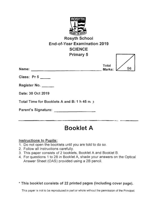 Rosyth P5 Sci SA2 2019 exam paper PDF preview