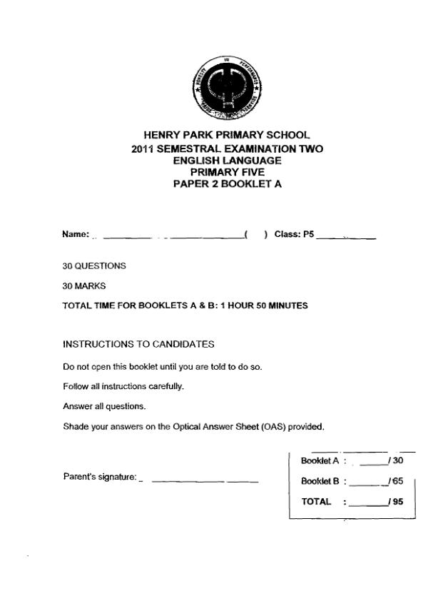 Henry Park P5 Eng SA2 2011 exam paper PDF preview