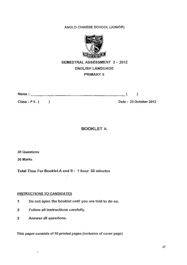 Anglo Chinese P5 Eng SA2 2012 exam paper PDF preview