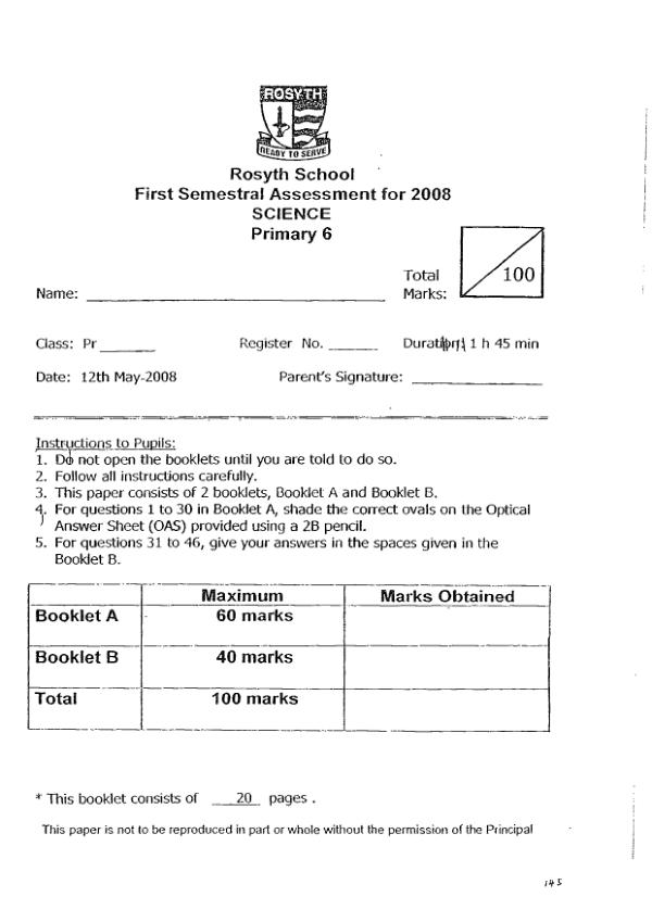 Rosyth P6 Sci WA2 2008 exam paper PDF first page preview