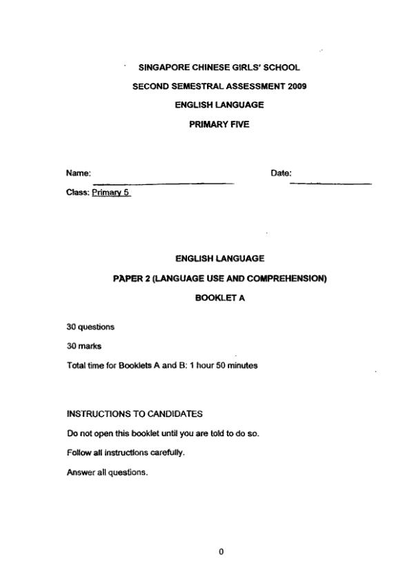 Singapore Chinese Girls P5 Eng SA2 2009 exam paper PDF first page preview