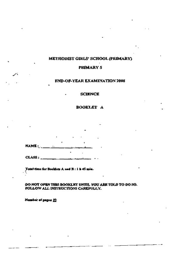 Methodist Girls P5 Sci SA2 2008 exam paper PDF first page preview