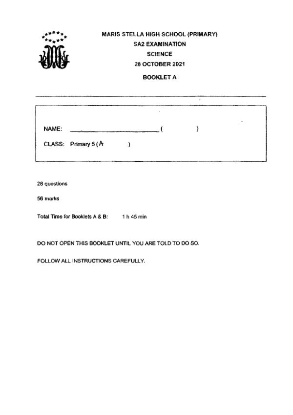 Maris Stella High P5 Sci SA2 2021 exam paper PDF first page preview