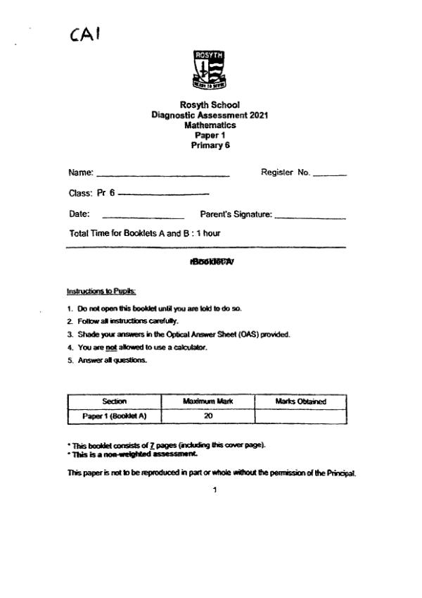 First page preview of P6 Math 2021 WA1 — Rosyth