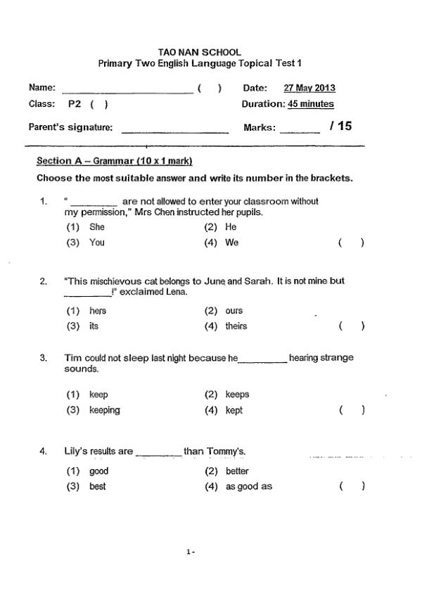 Tao Nan P2 Eng WA2 2013 exam paper PDF first page preview