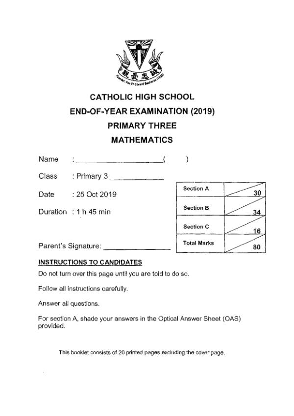 First page preview of P3 Math 2019 SA2 — Catholic High