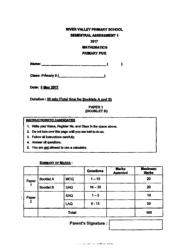First page preview of P5 Math 2017 WA2 — River Valley