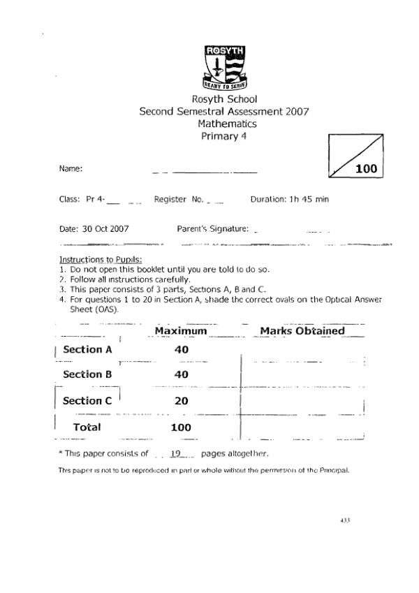 Rosyth P4 Math SA2 2007 exam paper PDF preview