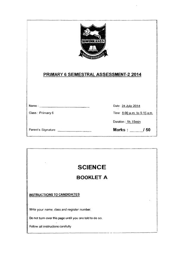 Tao Nan P6 Sci SA2 2014 exam paper PDF first page preview