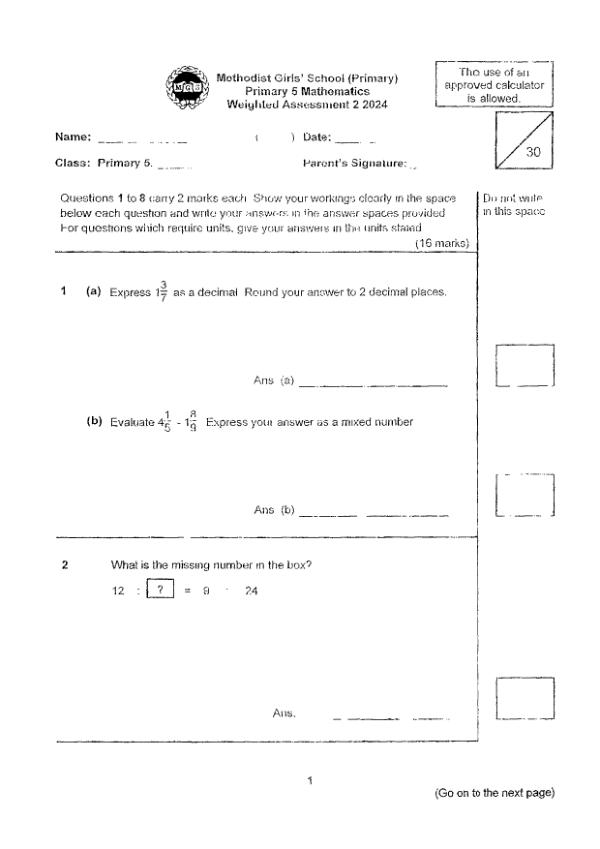 First page preview of P5 Math 2024 WA2 — Methodist Girls