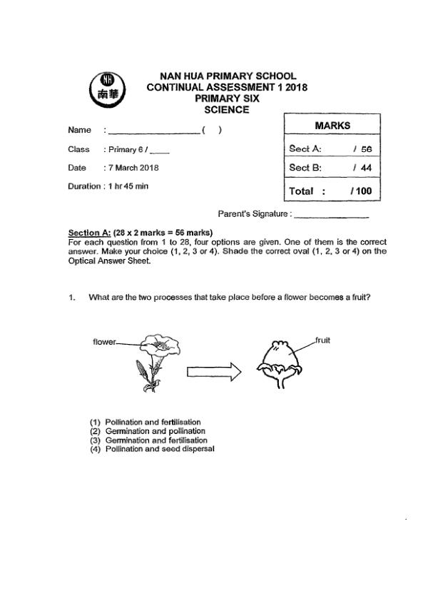 Nan Hua P6 Sci WA1 2018 exam paper PDF first page preview