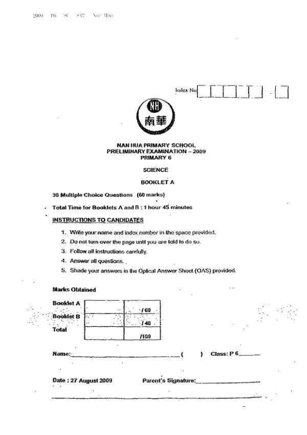 Nan Hua P6 Sci SA2 2009 exam paper PDF first page preview