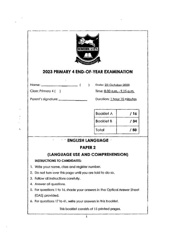 Tao Nan P4 Eng SA2 2023 exam paper PDF first page preview
