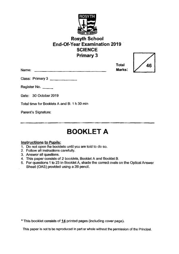 Rosyth P3 Sci SA2 2019 exam paper PDF preview