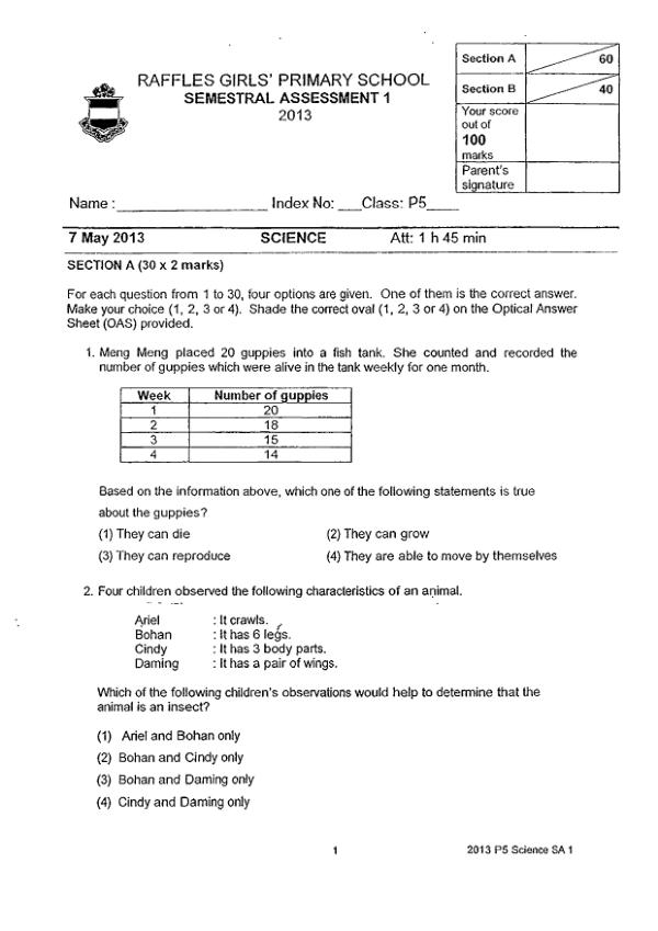 Raffles Girls P5 Sci WA2 2013 exam paper PDF preview