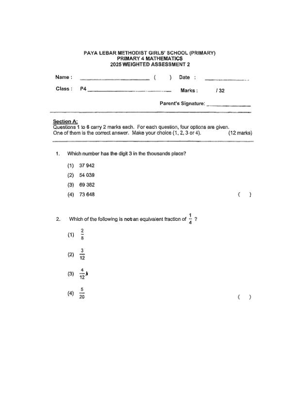 First page preview of P4 Math 2025 WA2 — Methodist Girls