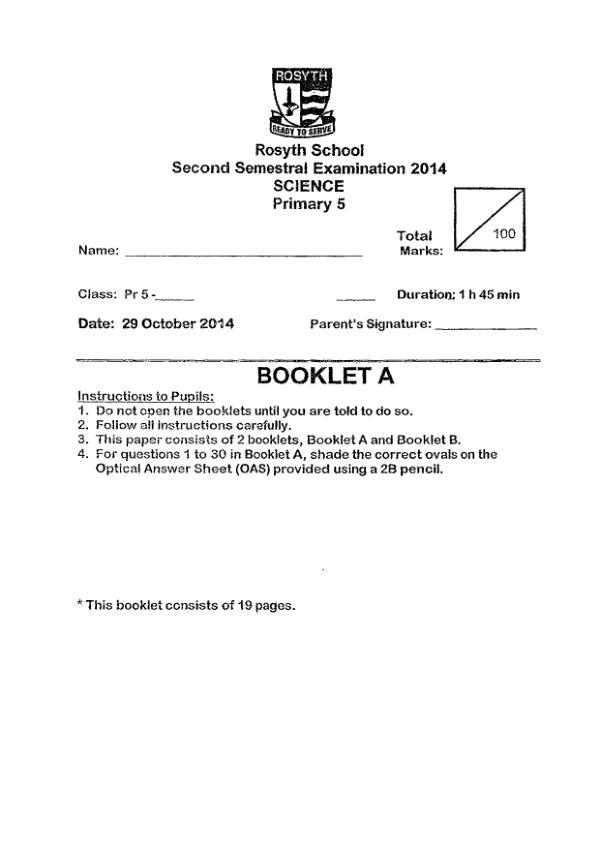 Rosyth P5 Sci SA2 2014 exam paper PDF preview