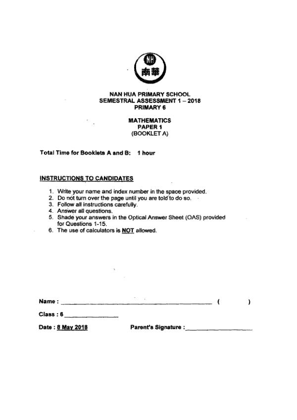 First page preview of P6 Math 2018 WA2 — Nan Hua