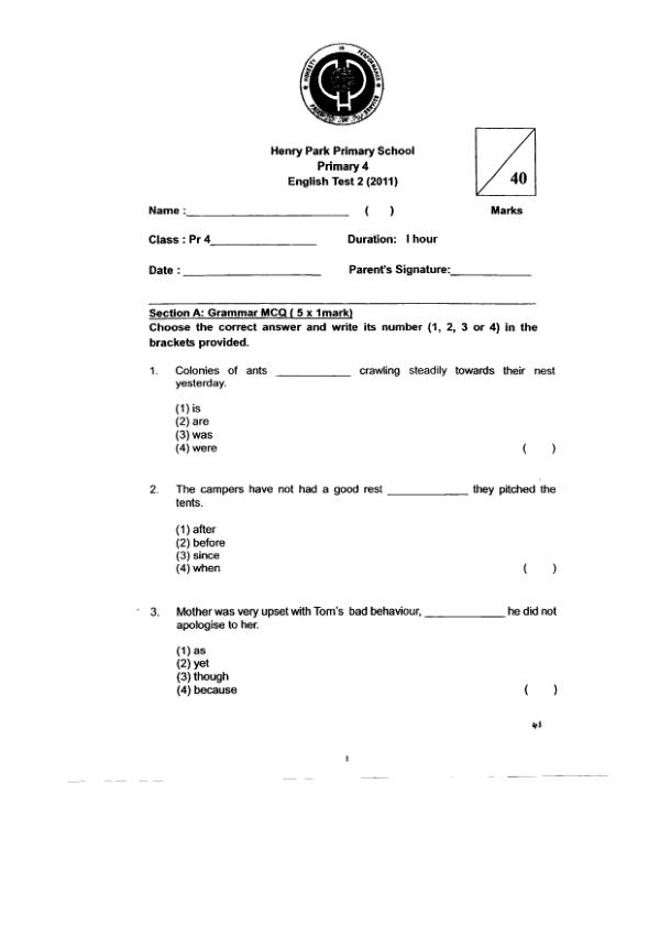 Henry Park P4 Eng WA1 2011 exam paper PDF preview