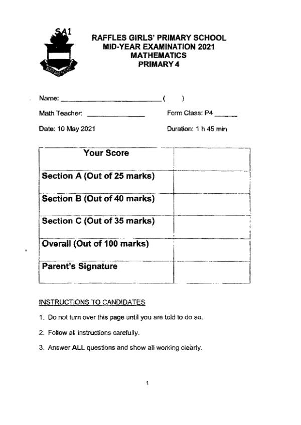 First page preview of P4 Math 2021 WA2 — Raffles Girls