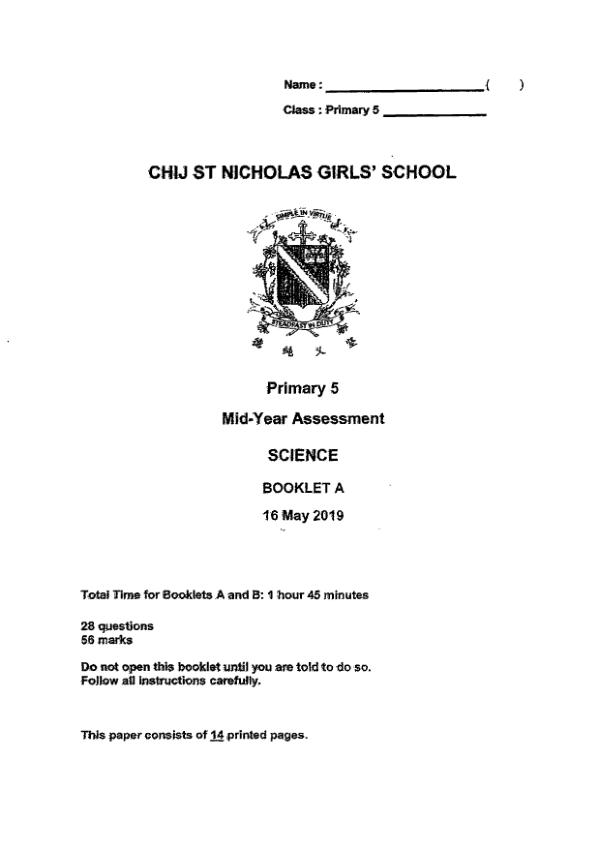 CHIJ P5 Sci WA2 2019 exam paper PDF first page preview