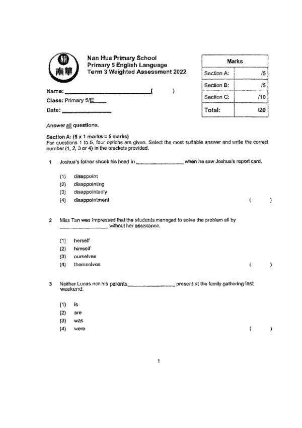 Nan Hua P5 Eng WA3 2022 exam paper PDF preview