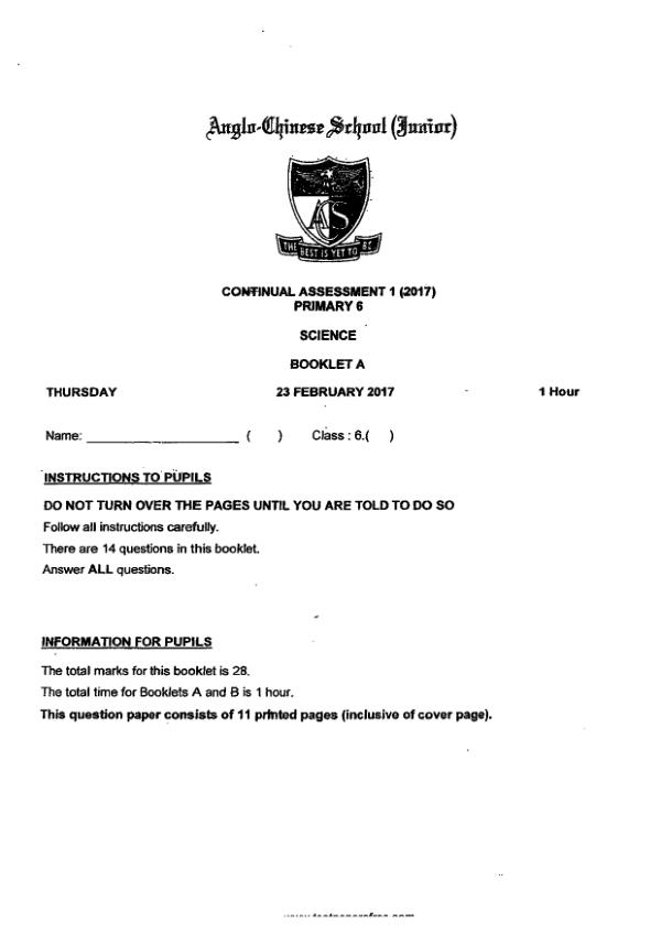 Anglo Chinese P6 Sci WA1 2017 exam paper PDF preview