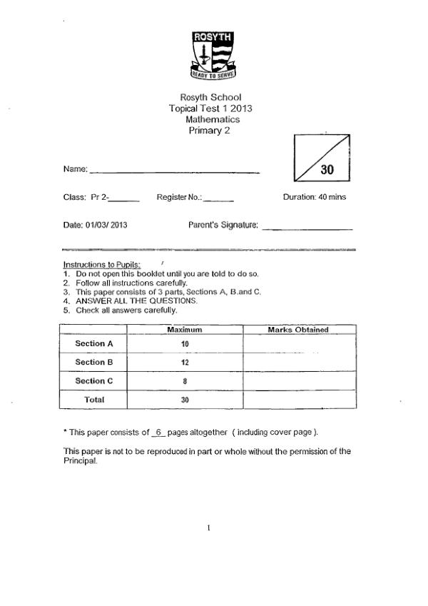Rosyth P2 Math WA1 2013 exam paper PDF first page preview