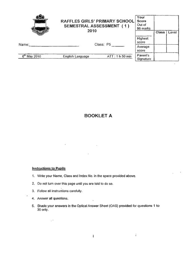 Raffles Girls P5 Eng WA2 2010 exam paper PDF first page preview