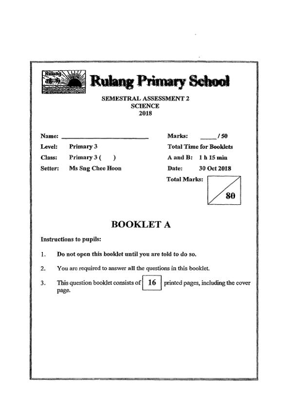 Rulang P3 Sci SA2 2018 exam paper PDF preview