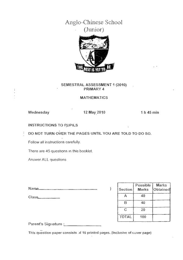 Anglo Chinese P4 Math WA2 2010 exam paper PDF first page preview