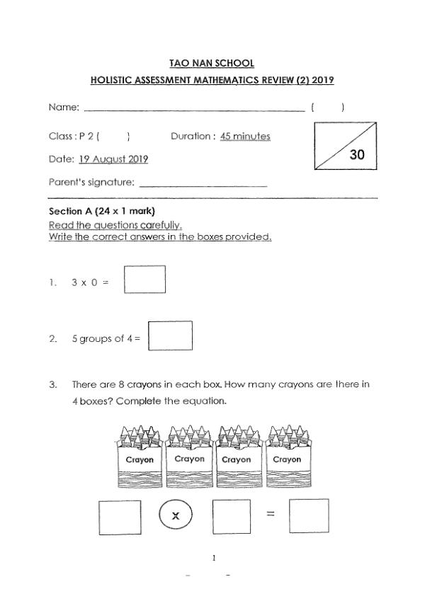 First page preview of P2 Math 2019 SA2 — Tao Nan